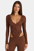 Chic Lace Long-Sleeve Bodysuit in Cocoa Brown