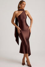 Chic Asymmetric Scarf-Detail Midaxi Dress in Chocolate Brown