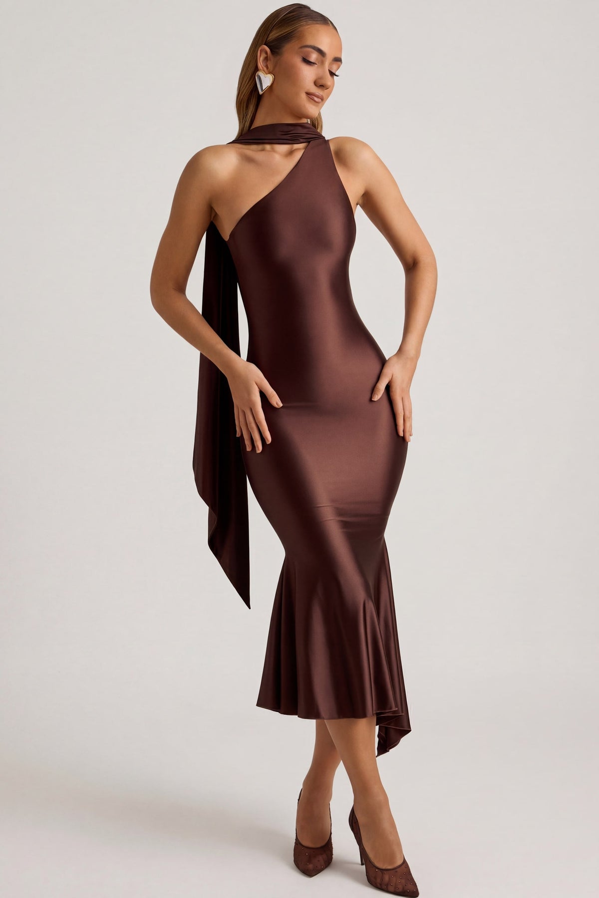 Chic Asymmetric Scarf-Detail Midaxi Dress in Chocolate Brown