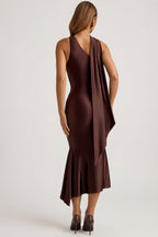 Chic Asymmetric Scarf-Detail Midaxi Dress in Chocolate Brown