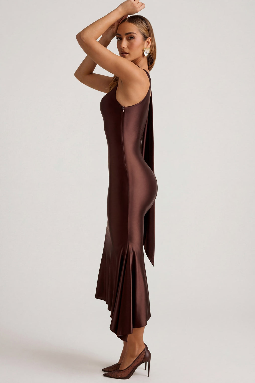 Chic Asymmetric Scarf-Detail Midaxi Dress in Chocolate Brown