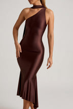 Chic Asymmetric Scarf-Detail Midaxi Dress in Chocolate Brown
