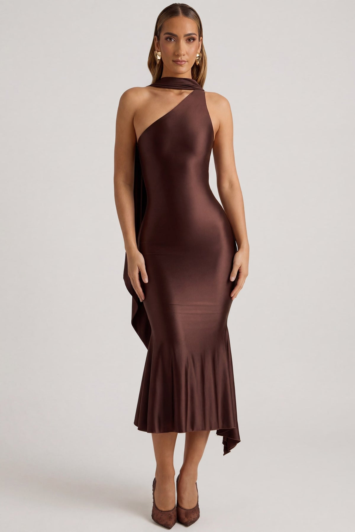 Chic Asymmetric Scarf-Detail Midaxi Dress in Chocolate Brown