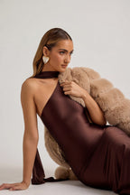 Chic Asymmetric Scarf-Detail Midaxi Dress in Chocolate Brown