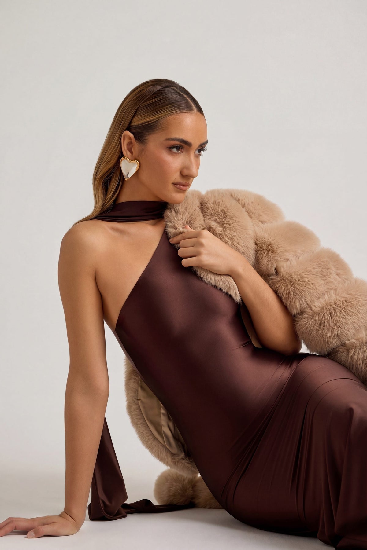 Chic Asymmetric Scarf-Detail Midaxi Dress in Chocolate Brown