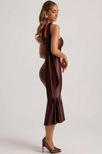 Chic Asymmetric Scarf-Detail Midaxi Dress in Chocolate Brown