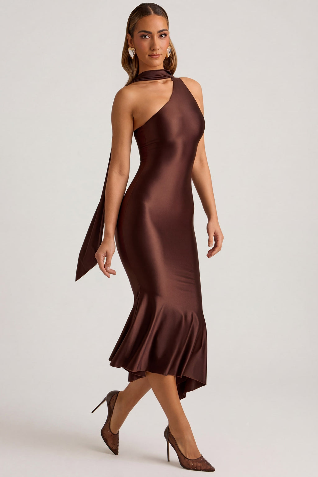 Chic Asymmetric Scarf-Detail Midaxi Dress in Chocolate Brown