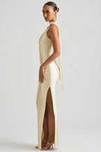 Chic Asymmetric Scarf-Detail Maxi Dress in Pearl