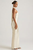 Chic Asymmetric Scarf-Detail Maxi Dress in Pearl