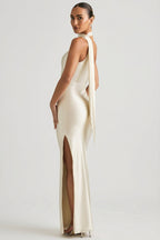 Chic Asymmetric Scarf-Detail Maxi Dress in Pearl