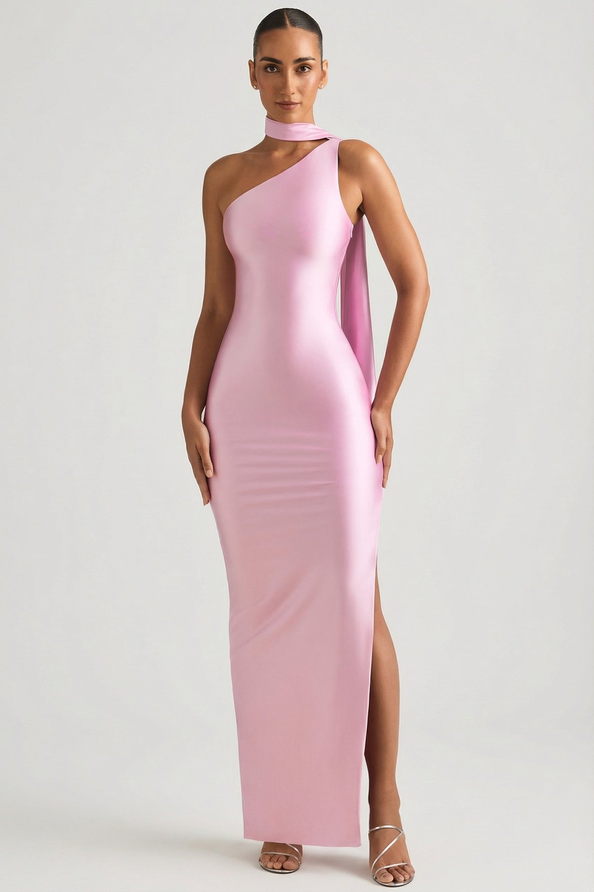 Chic Asymmetric Scarf-Detail Maxi Dress in Candyfloss Pink