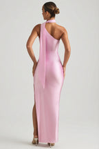 Chic Asymmetric Scarf-Detail Maxi Dress in Candyfloss Pink