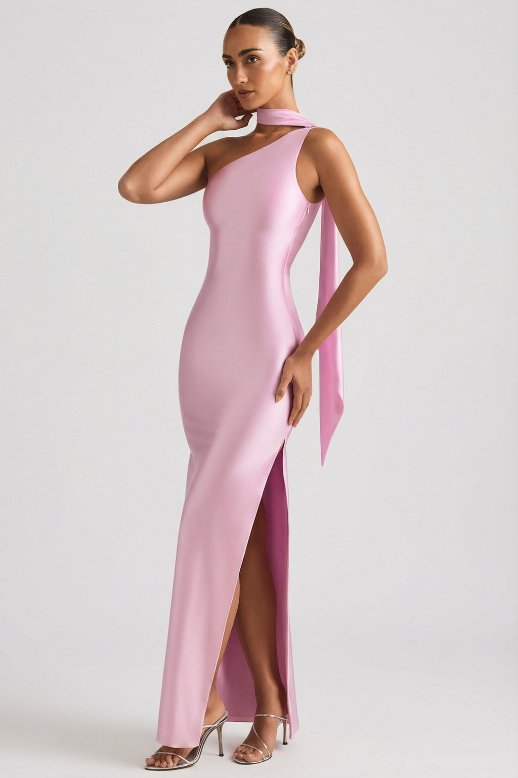 Chic Asymmetric Scarf-Detail Maxi Dress in Candyfloss Pink