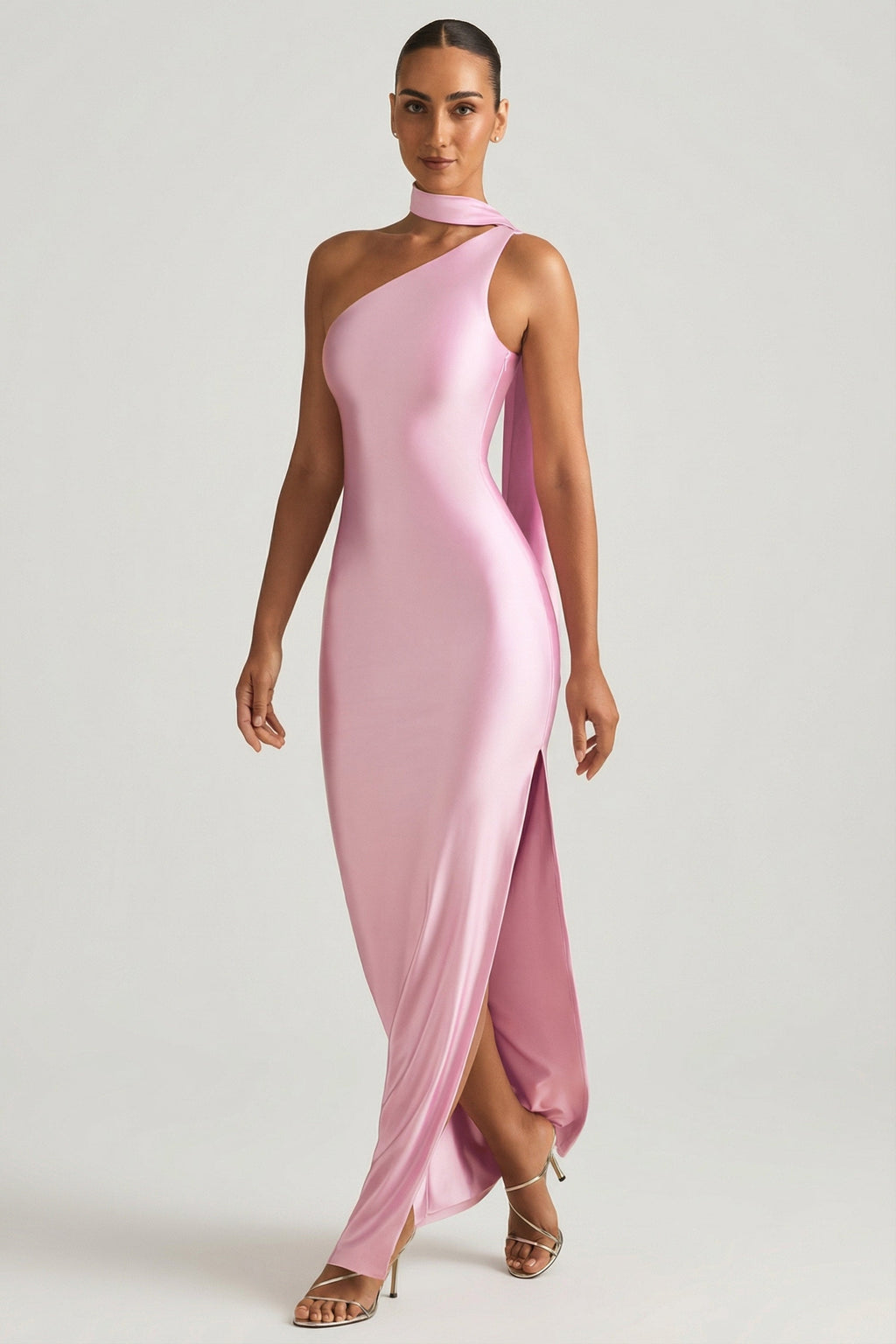 Chic Asymmetric Scarf-Detail Maxi Dress in Candyfloss Pink