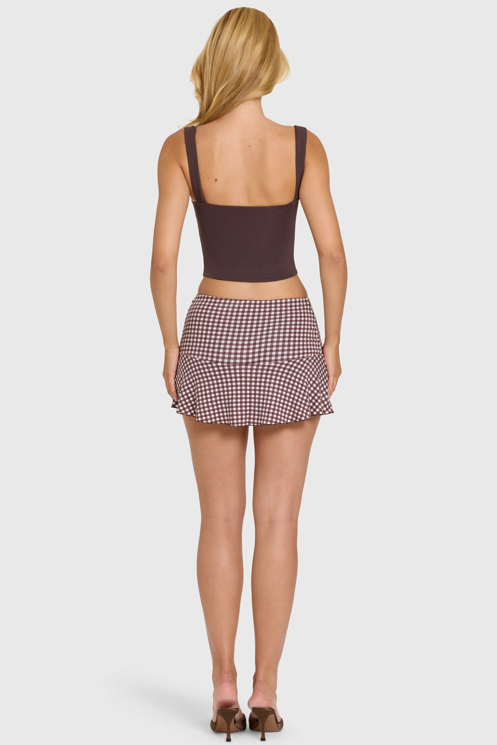 Chic Modal Mid-Rise Skort in Brown Gingham