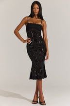Chic Embellished Lace-Trim Midi Dress in Black