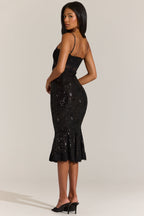 Chic Embellished Lace-Trim Midi Dress in Black
