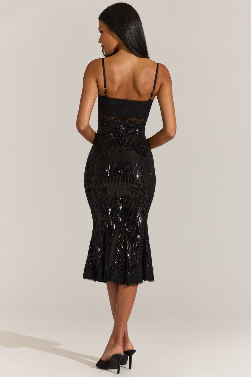 Chic Embellished Lace-Trim Midi Dress in Black
