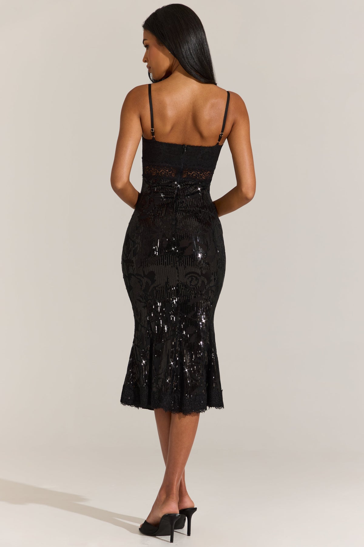 Chic Embellished Lace-Trim Midi Dress in Black