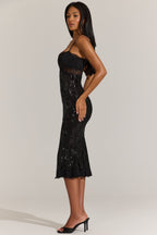 Chic Embellished Lace-Trim Midi Dress in Black