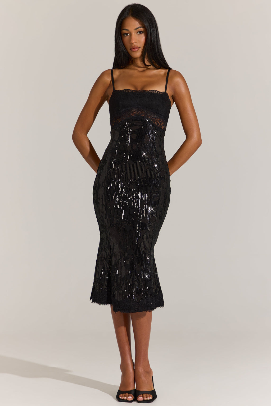 Chic Embellished Lace-Trim Midi Dress in Black