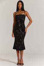 Chic Embellished Lace-Trim Midi Dress in Black