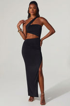 Chic Asymmetric Neckline Ruched Cut Out Maxi Dress in Black