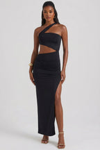 Chic Asymmetric Neckline Ruched Cut Out Maxi Dress in Black