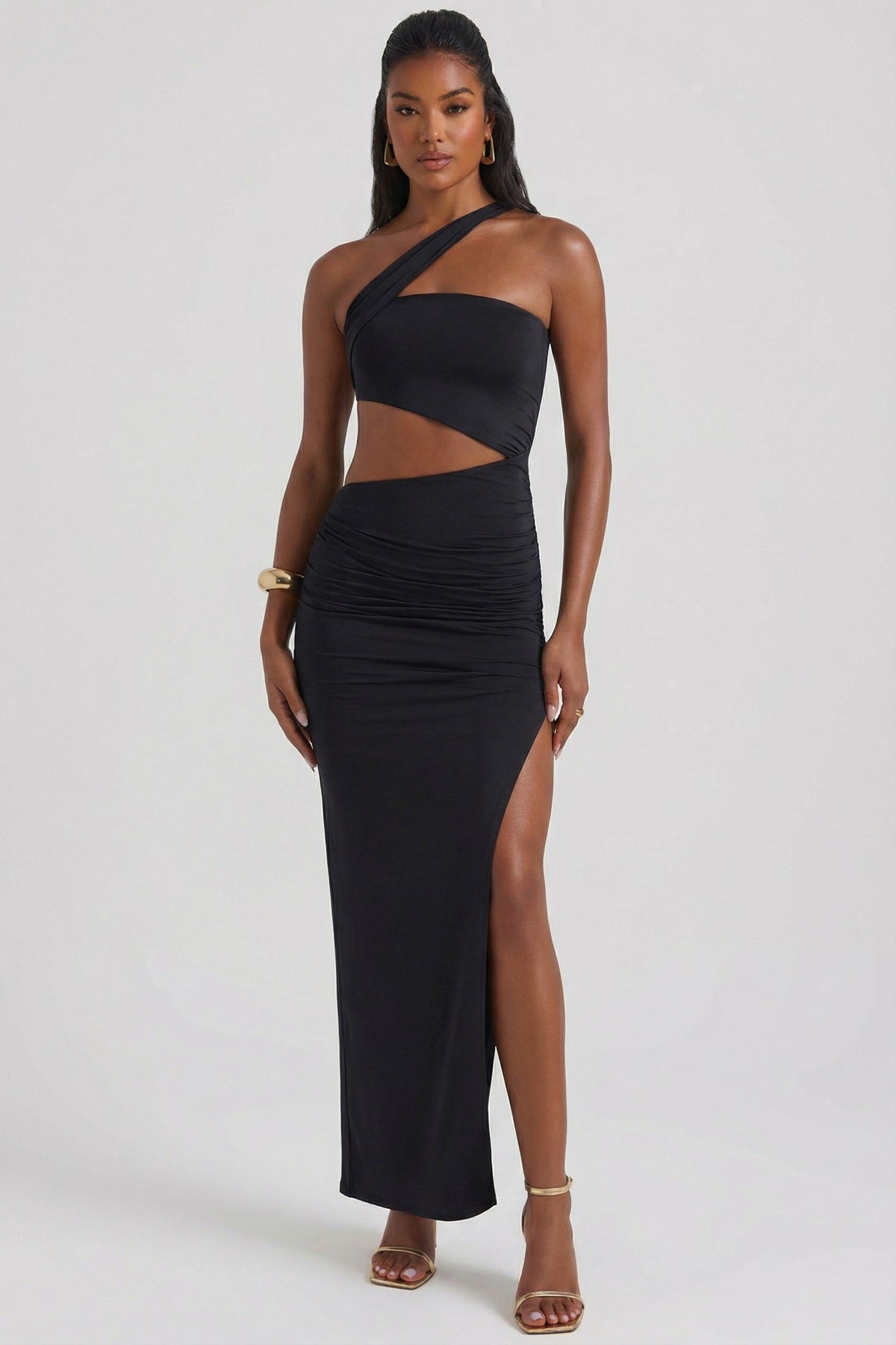 Chic Asymmetric Neckline Ruched Cut Out Maxi Dress in Black