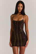 Chic Embellished Scoop-Neck Mini Dress in Bronze