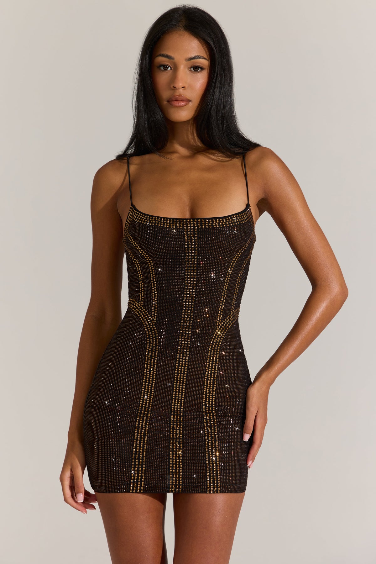 Chic Embellished Scoop-Neck Mini Dress in Bronze