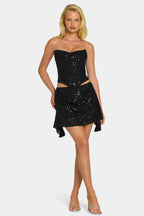 Chic Embellished Draped Mid-Rise Mini Skirt in Black