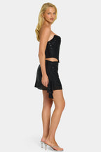Chic Embellished Draped Mid-Rise Mini Skirt in Black