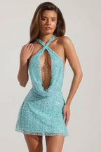Chic Embellished Cowl-Neck Backless Mini Dress in Aquamarine