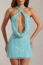 Chic Embellished Cowl-Neck Backless Mini Dress in Aquamarine