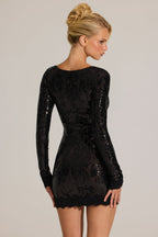 Chic Embellished Lace-Trim Long-Sleeve Mini Dress in Black