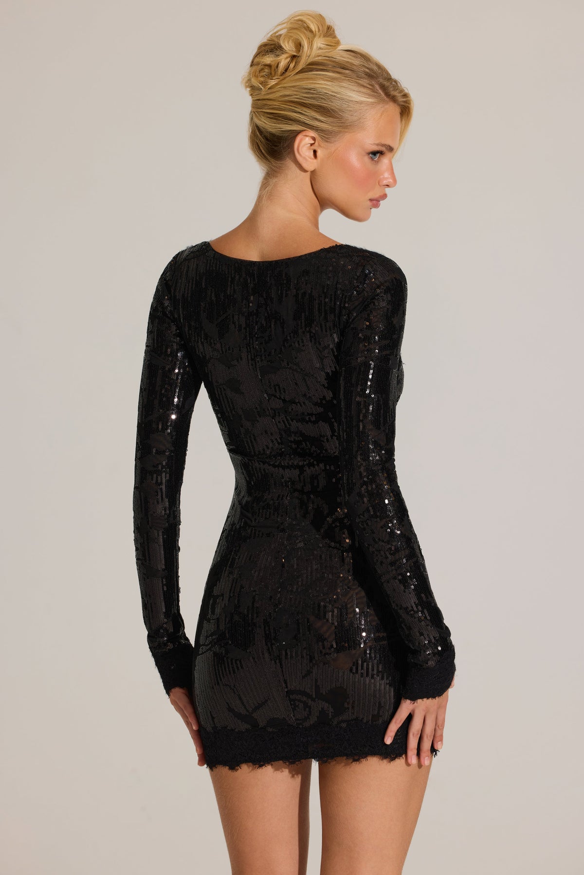 Chic Embellished Lace-Trim Long-Sleeve Mini Dress in Black
