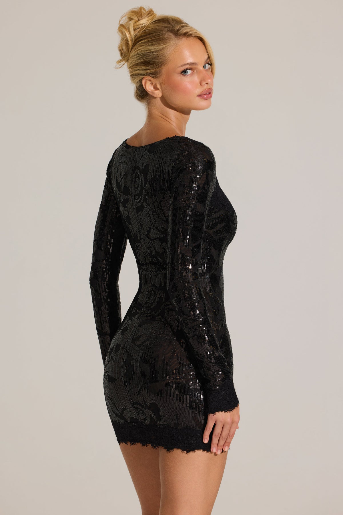 Chic Embellished Lace-Trim Long-Sleeve Mini Dress in Black
