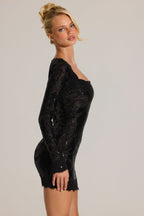 Chic Embellished Lace-Trim Long-Sleeve Mini Dress in Black