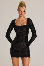 Chic Embellished Lace-Trim Long-Sleeve Mini Dress in Black