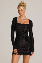 Chic Embellished Lace-Trim Long-Sleeve Mini Dress in Black
