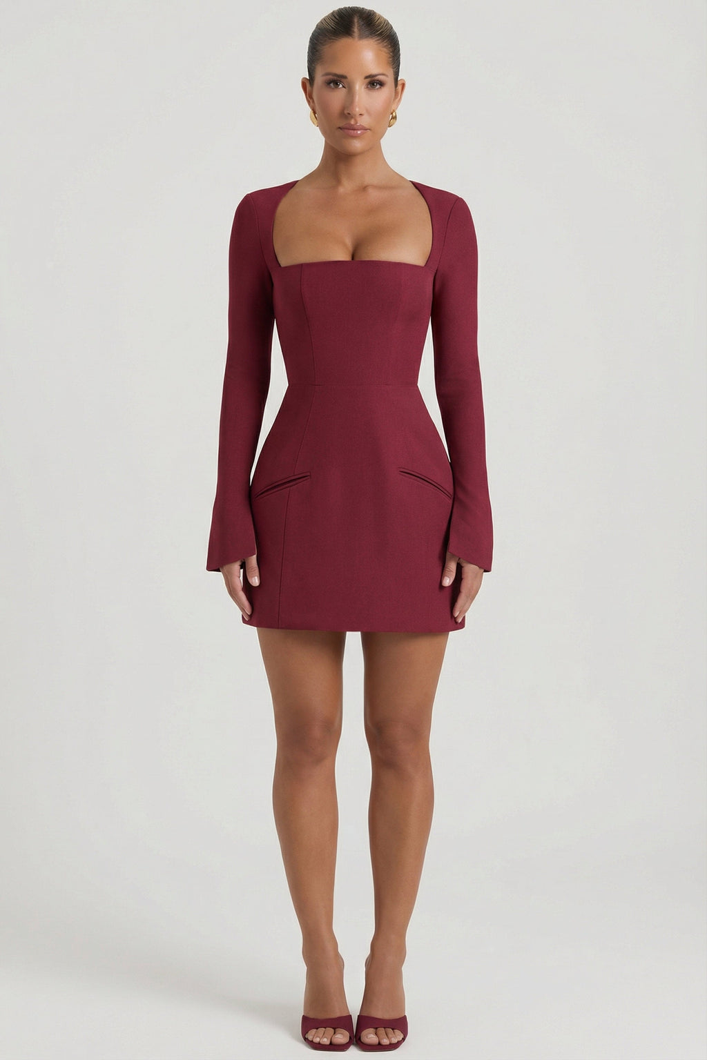 Chic Square-Neck Structured Tulip Mini Dress in Wine Red