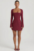 Chic Square-Neck Structured Tulip Mini Dress in Wine Red