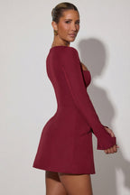 Chic Square-Neck Structured Tulip Mini Dress in Wine Red