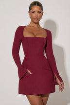 Chic Square-Neck Structured Tulip Mini Dress in Wine Red