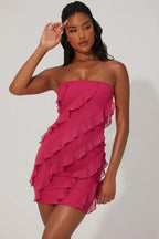 Chic Bandeau Ruffle Detail Mini Dress in Raspberry