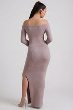 Chic Ribbed-Knit Off-Shoulder Maxi Dress in Taupe