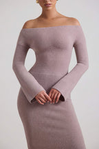 Chic Ribbed-Knit Off-Shoulder Maxi Dress in Taupe