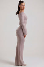 Chic Ribbed-Knit Off-Shoulder Maxi Dress in Taupe