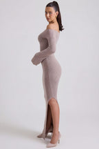 Chic Ribbed-Knit Off-Shoulder Maxi Dress in Taupe